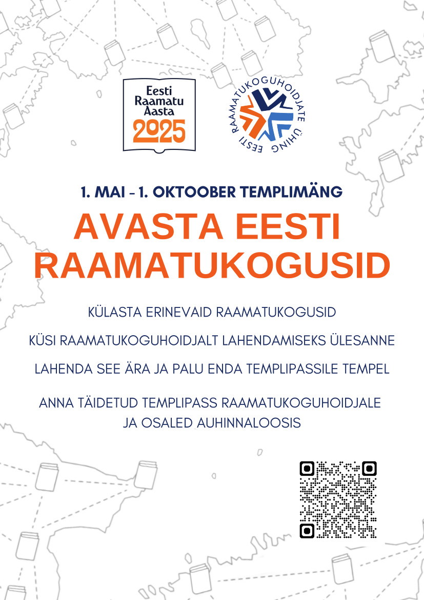 1. maist kuni 1. oktoobrini on käimas templimäng “Avasta Eesti raamatukogusid 2025. Eesti Raamatukoguhoidjate Ühing kutsub kõiki avastama uusi raamatukogusid, k